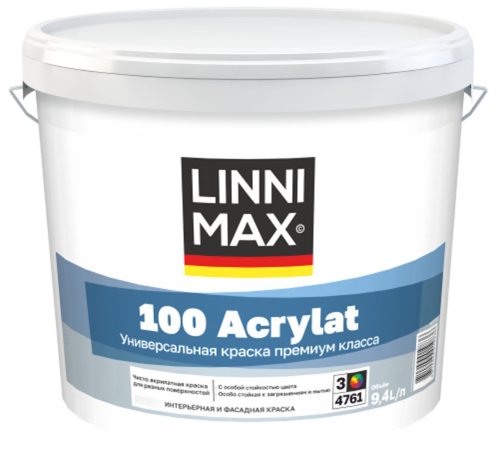 Краска водно-дисперсионная для наружных и внутренних работ LINNIMAX 100 Acrylat / 100 Акрилат База 3 9,4 л
