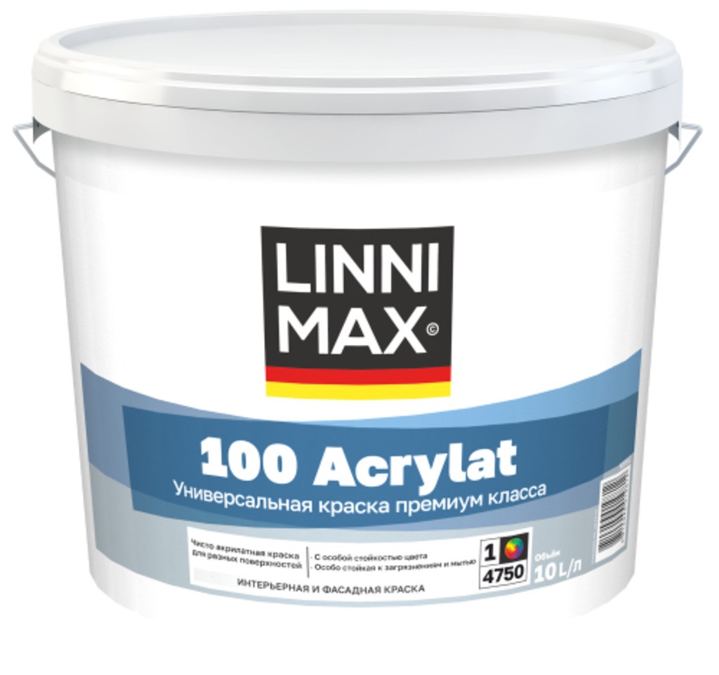 Краска водно-дисперсионная для наружных и внутренних работ LINNIMAX 100 Acrylat / 100 Акрилат База 1 10 л