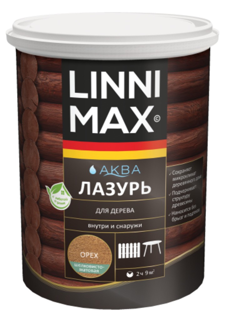 Лессирующий антисептик LINNIMAX Аква Лазурь для дерева Орех 0,9 л