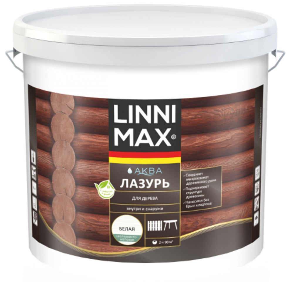 Лессирующий антисептик LINNIMAX Аква Лазурь для дерева Белая 9 л